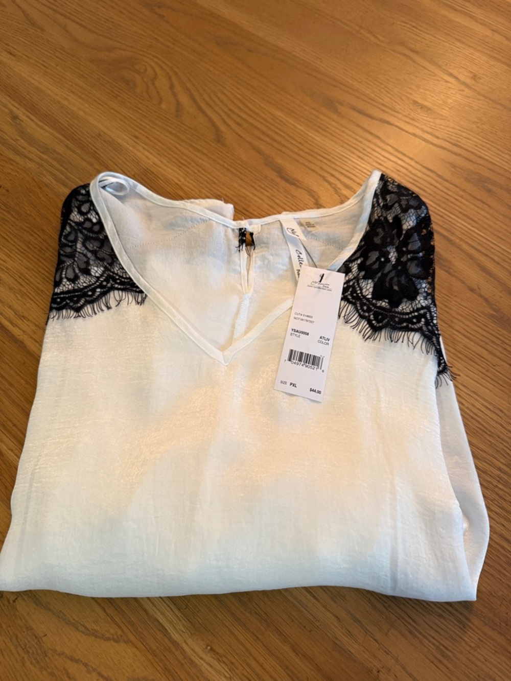 NY Collection White Blouse with Black Lace Shoulder Panels